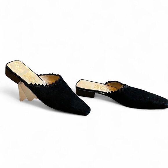 VTG Salvatore Ferragamo Black Suede Mules Size 9B Square Toe Slip On Italy - Picture 5 of 10